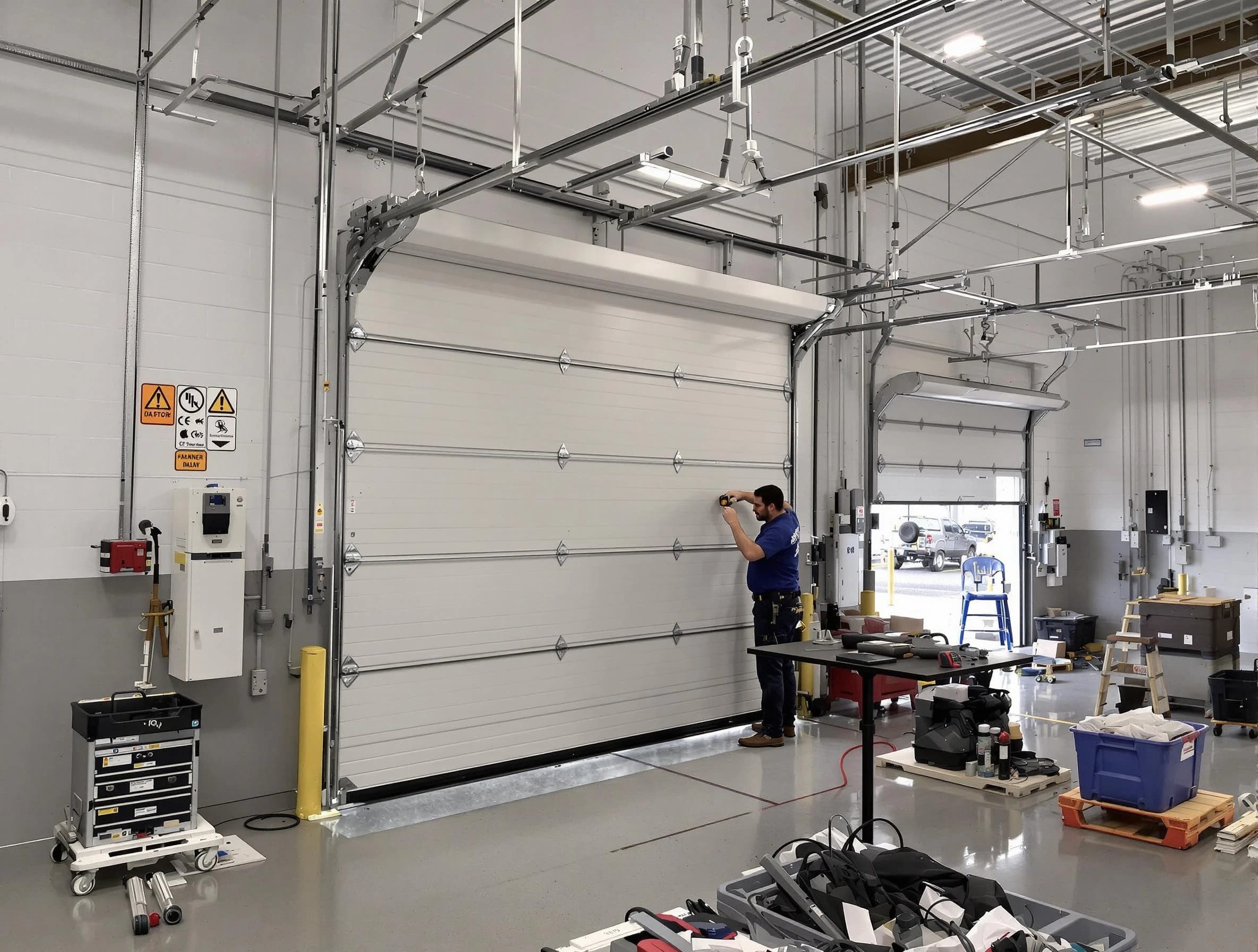 Commercial garage door repair being performed by Tecumseh Garage Door Repair expert in Tecumseh