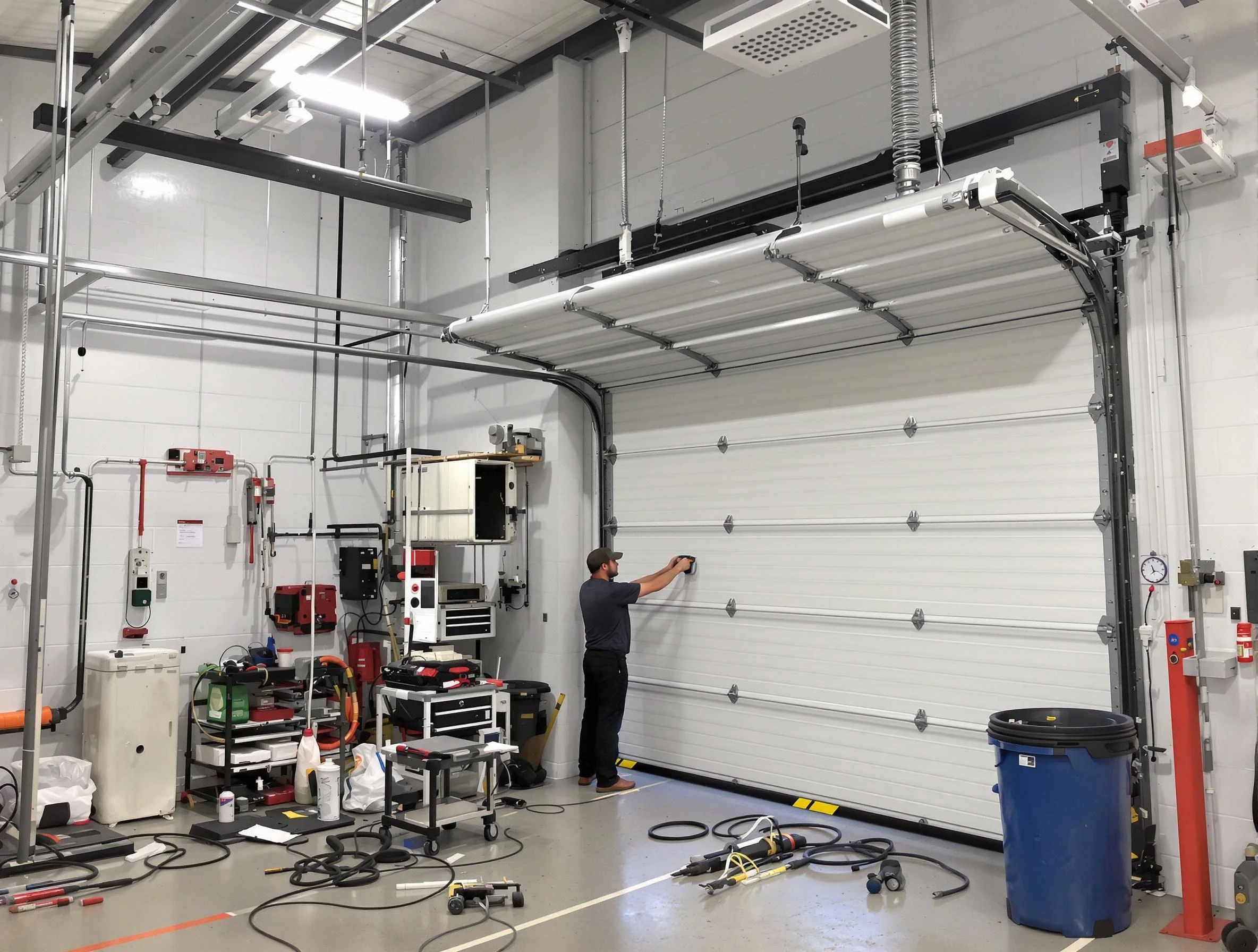 Tecumseh Garage Door Repair certified technician performing commercial door repair at a Tecumseh business facility