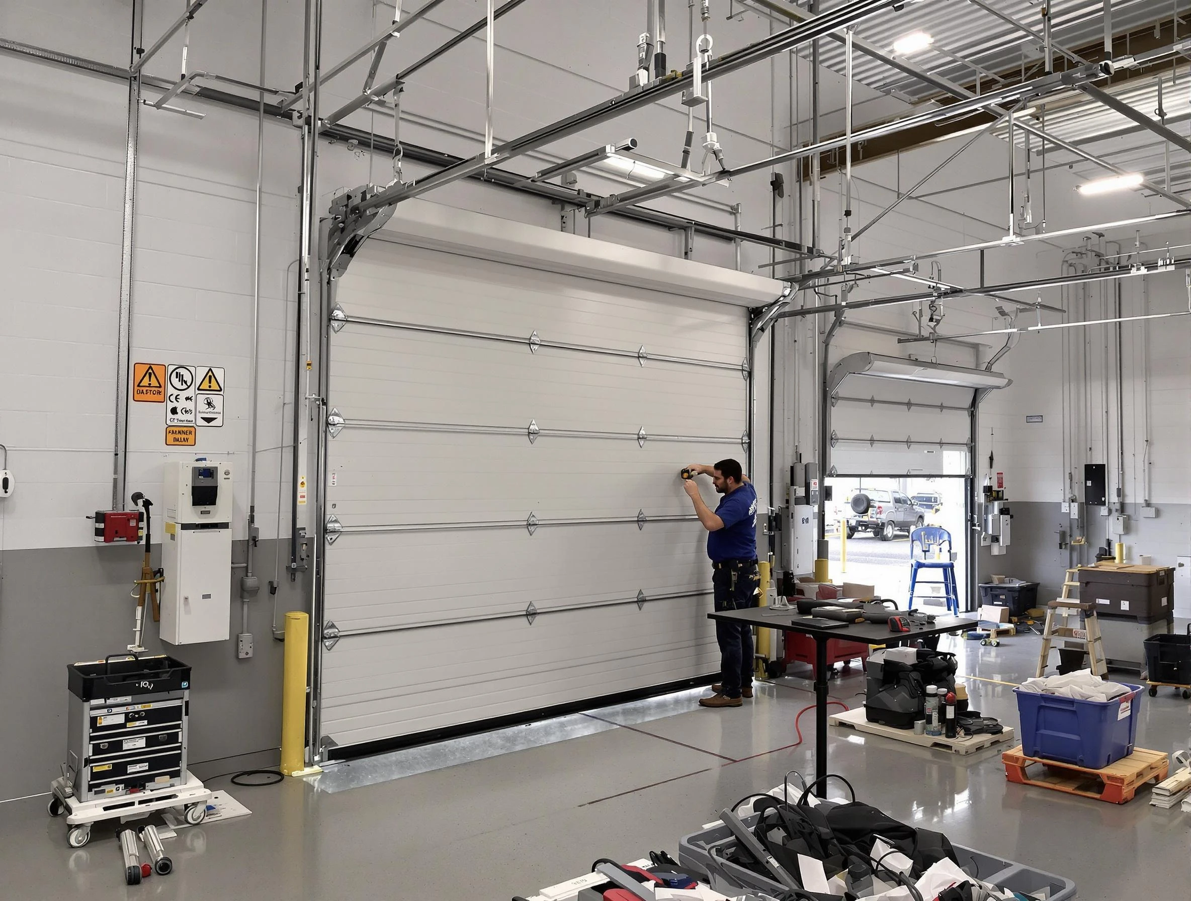 Commercial garage door repair being performed by Tecumseh Garage Door Repair expert in Tecumseh