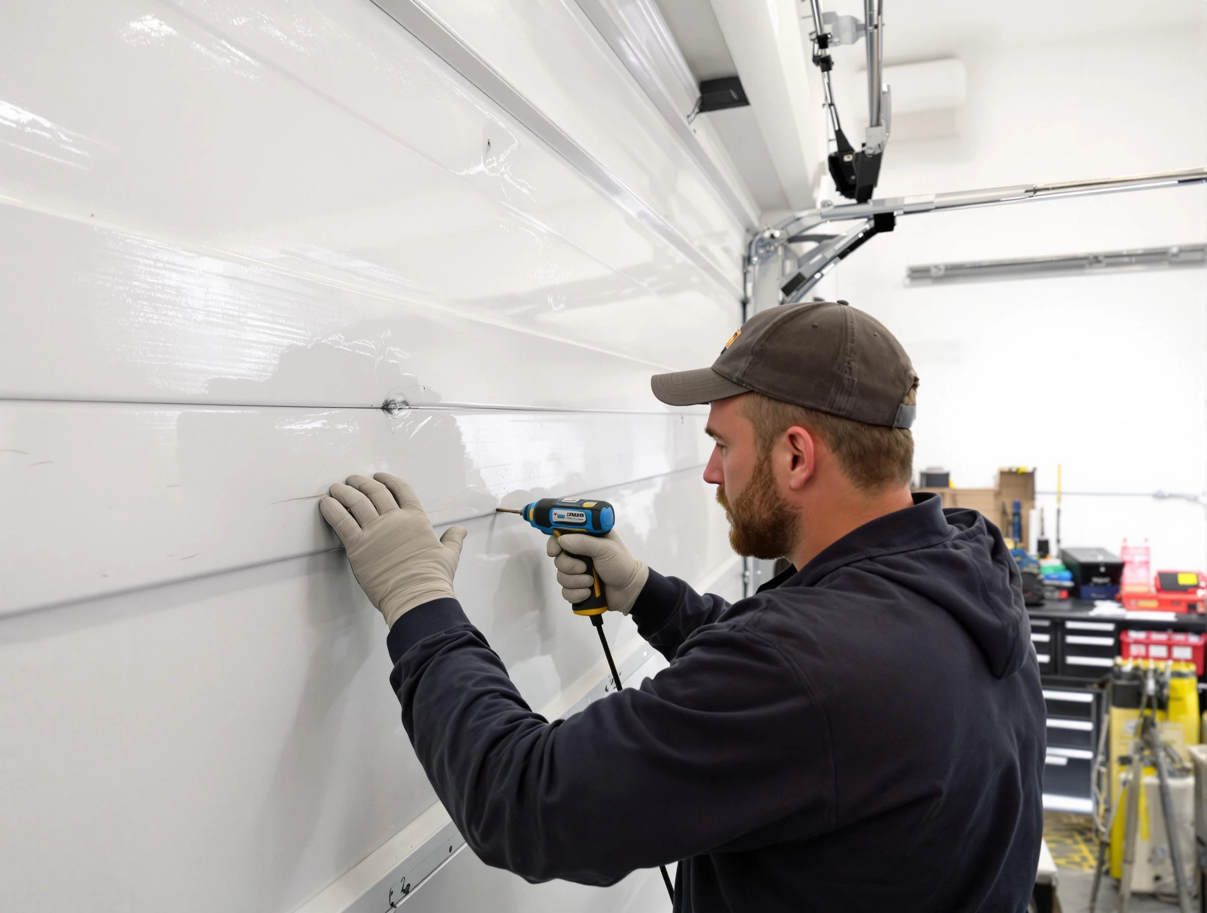 Tecumseh Garage Door Repair technician demonstrating precision dent removal techniques on a Tecumseh garage door